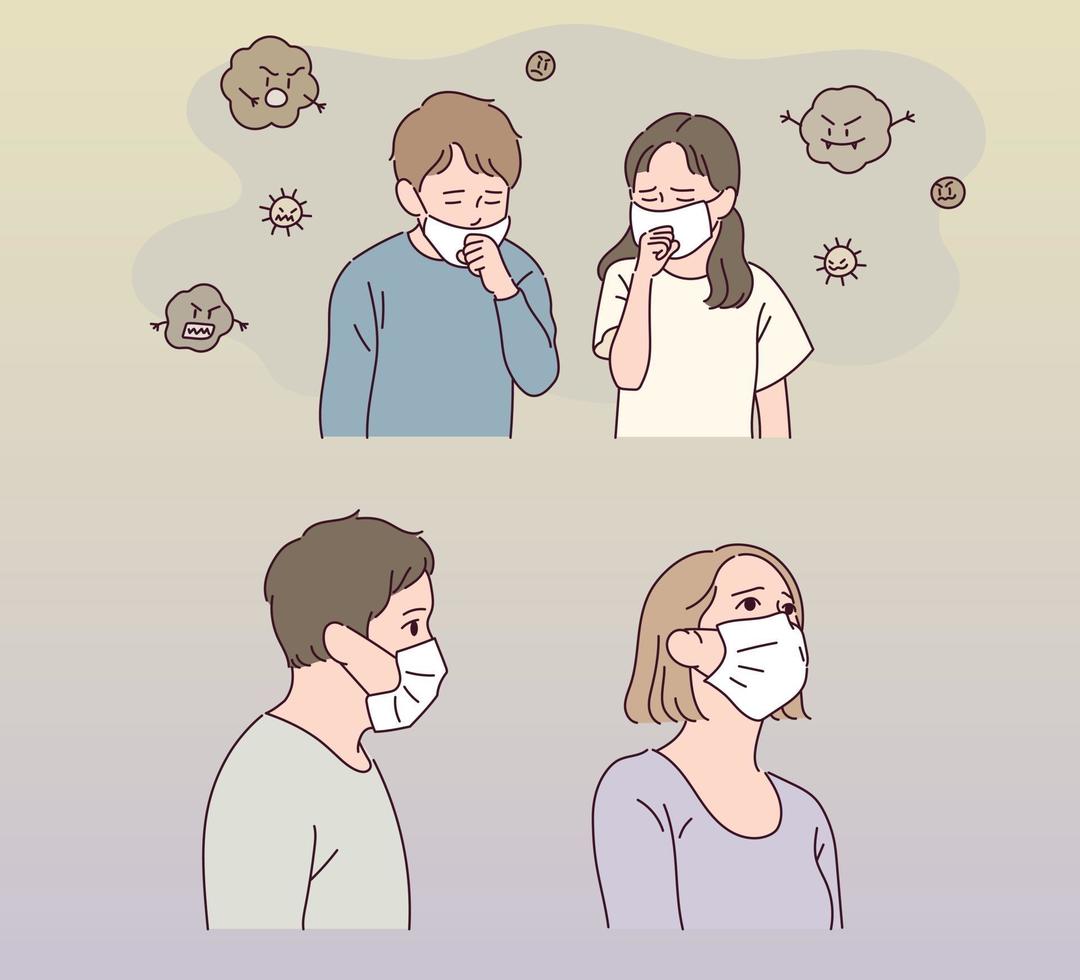 The boy and the girl are wearing masks. Fine dust is floating around. vector