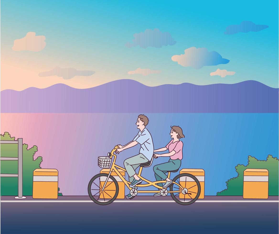 A man and a woman are dating on a couple bike. vector