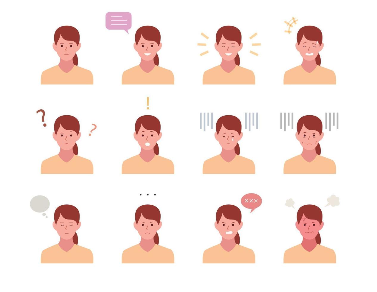 Set of face female characters with various emotion expressions. vector