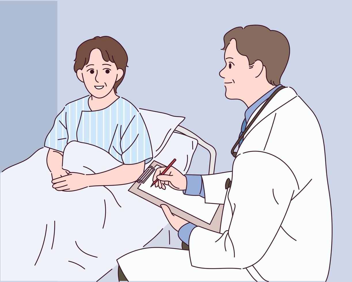 A doctor is treating a patient lying in a hospital bed. vector