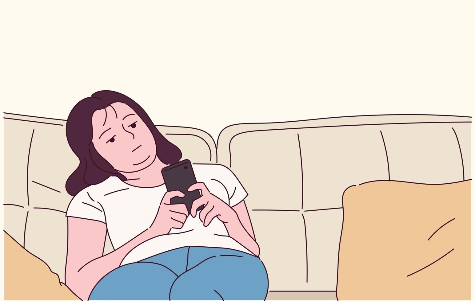 A girl is sitting on the sofa and looking at her cell phone with a boring expression. vector