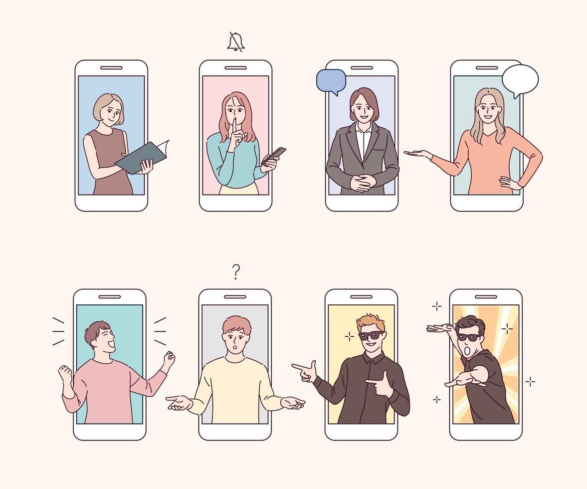 los personajes de la pantalla del teléfono móvil realizan varios gestos. vector