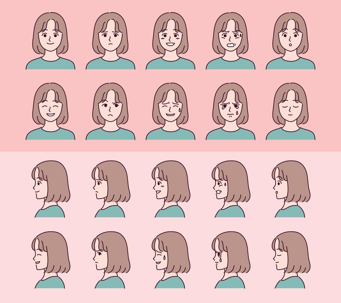Set of face girl characters with various emotion expressions. vector