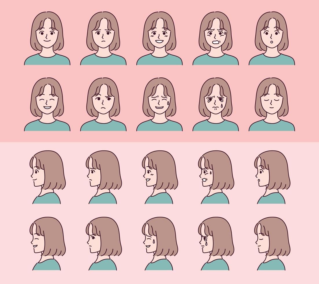 conjunto de personajes de niña de rostro con diversas expresiones de emoción. vector