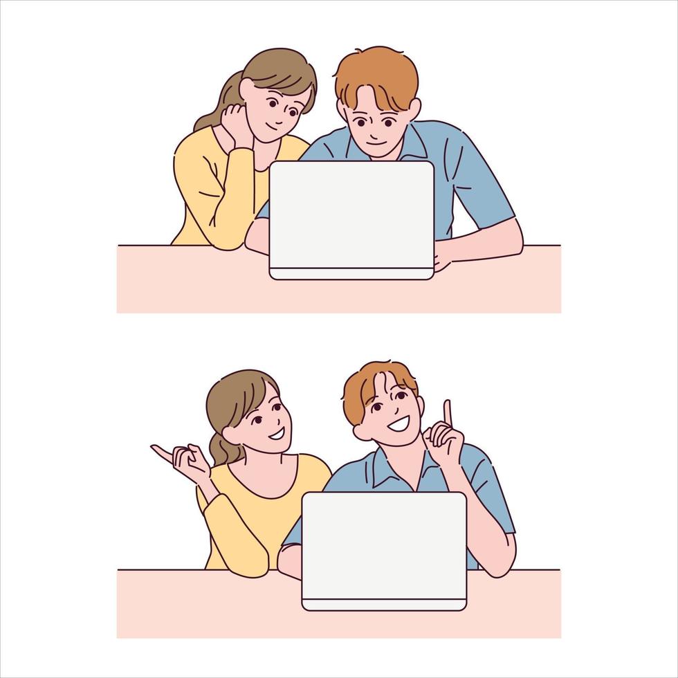 The boy and the girl look at the laptop and make an expression that they know something. vector