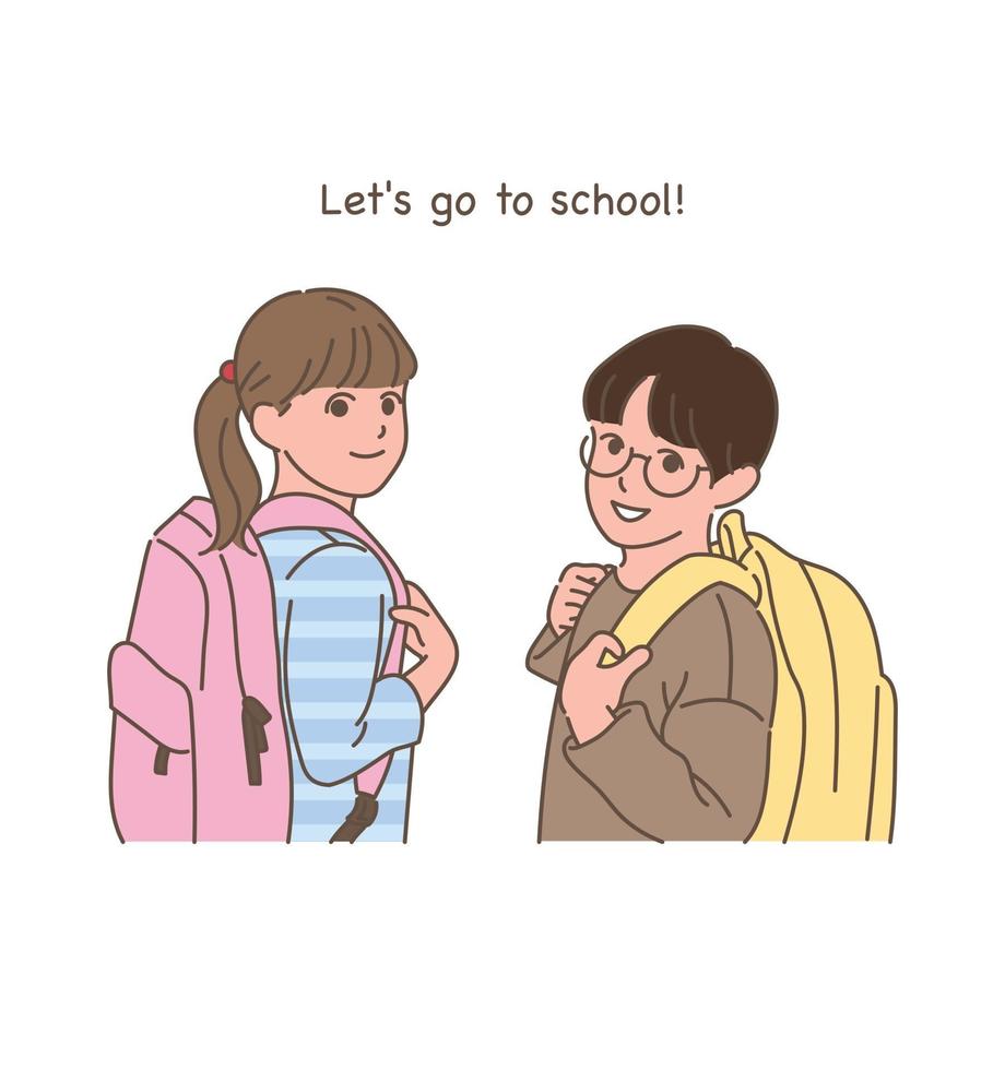 A boy and a girl with backpacks look back and smile. vector