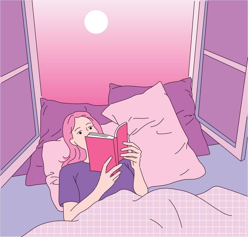 una niña está acostada junto a la ventana y lee un libro. vector