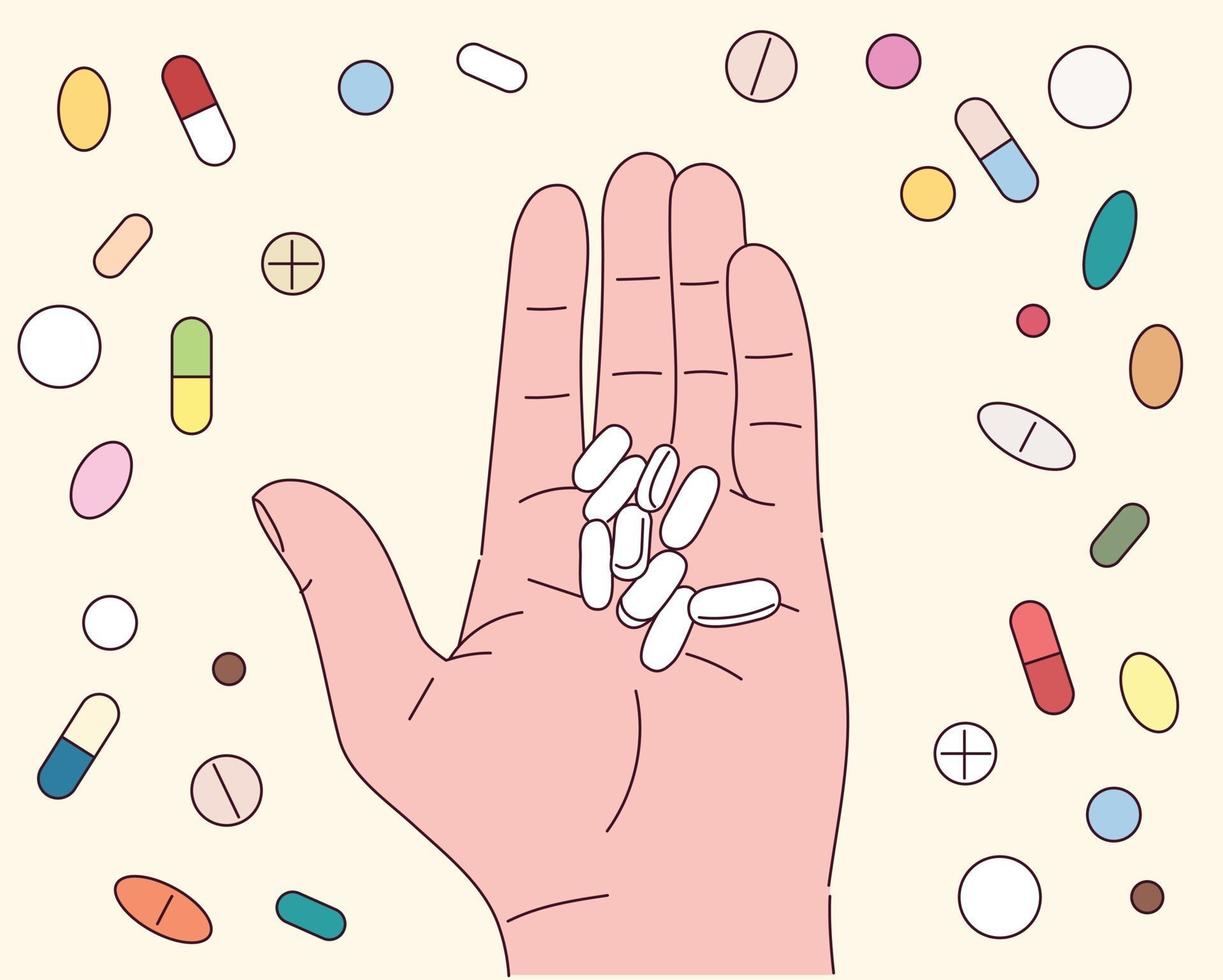 The pills on the hand. vector