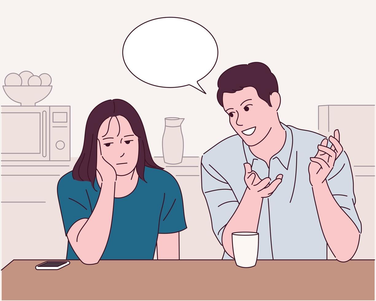 The man and woman at the table are having a conversation, and the woman is looking bored. vector