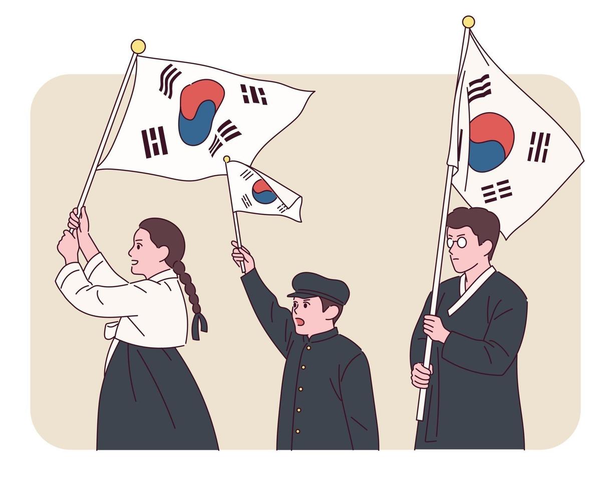 People in traditional Korean costumes are waving Taegeukgi. vector