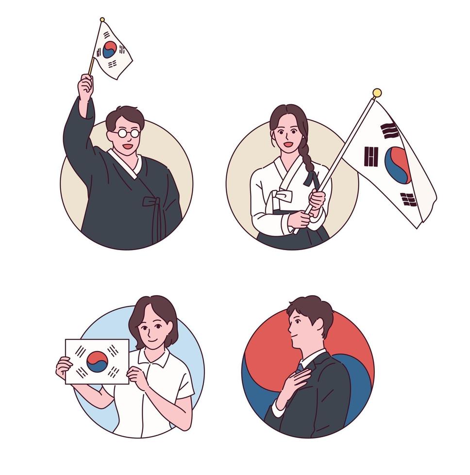 People in traditional Korean costumes are waving Taegeukgi. vector