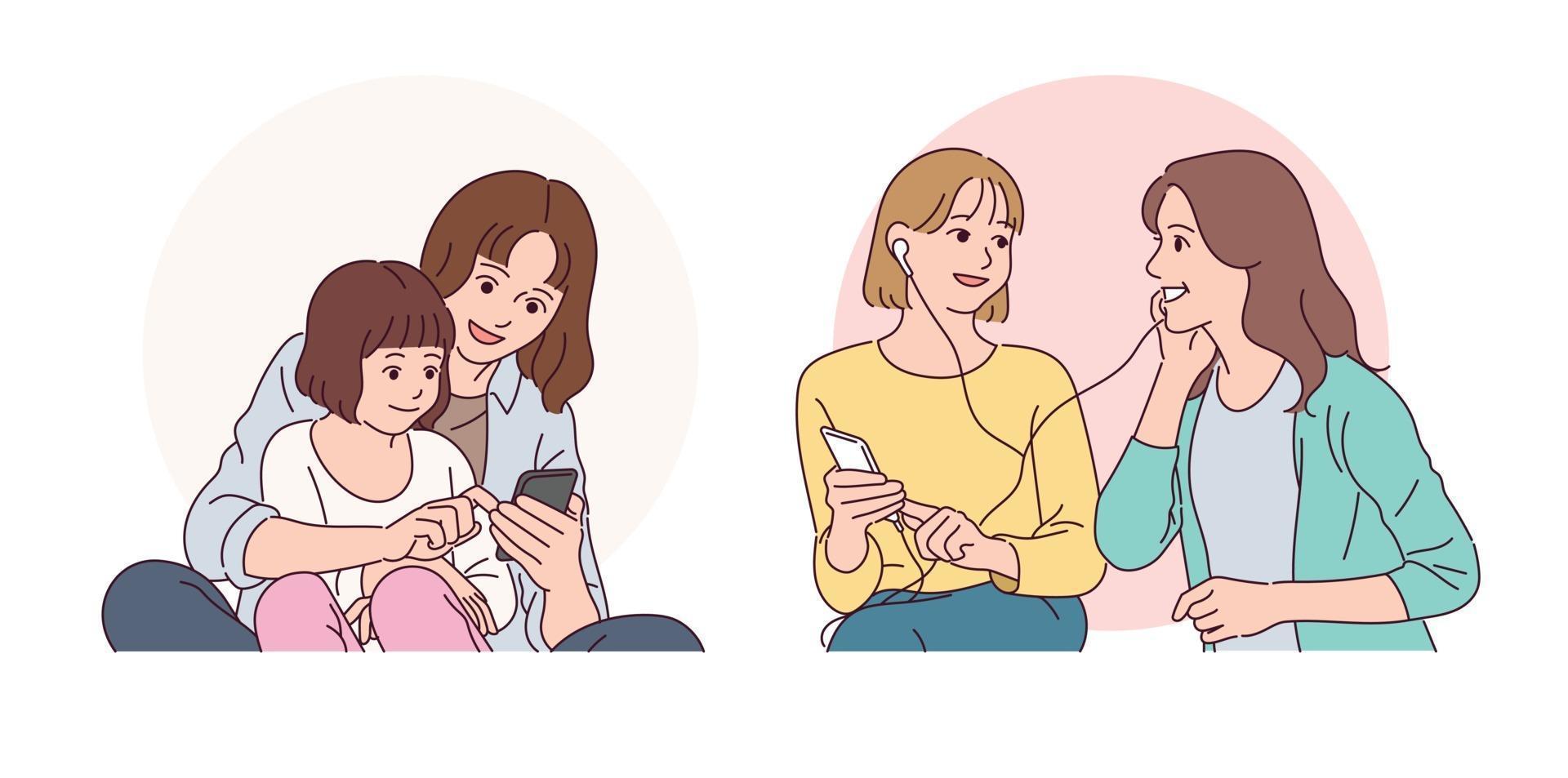 madre e hija están mirando teléfonos celulares. amigos que escuchan música en sus teléfonos móviles. vector