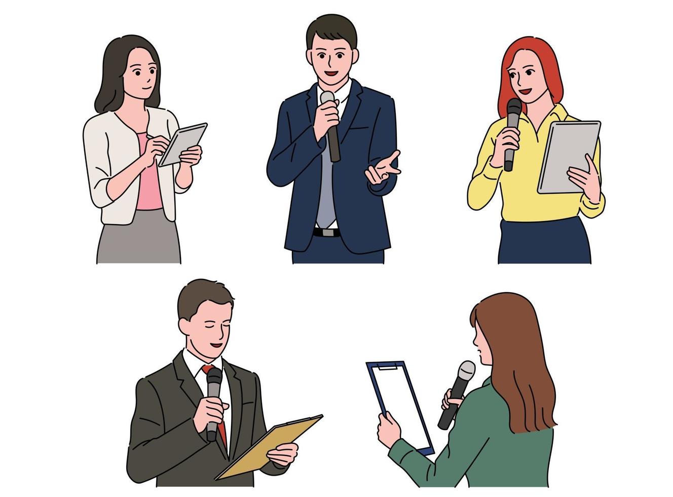 Set of people characters holding notes and speaking while holding a microphone. vector