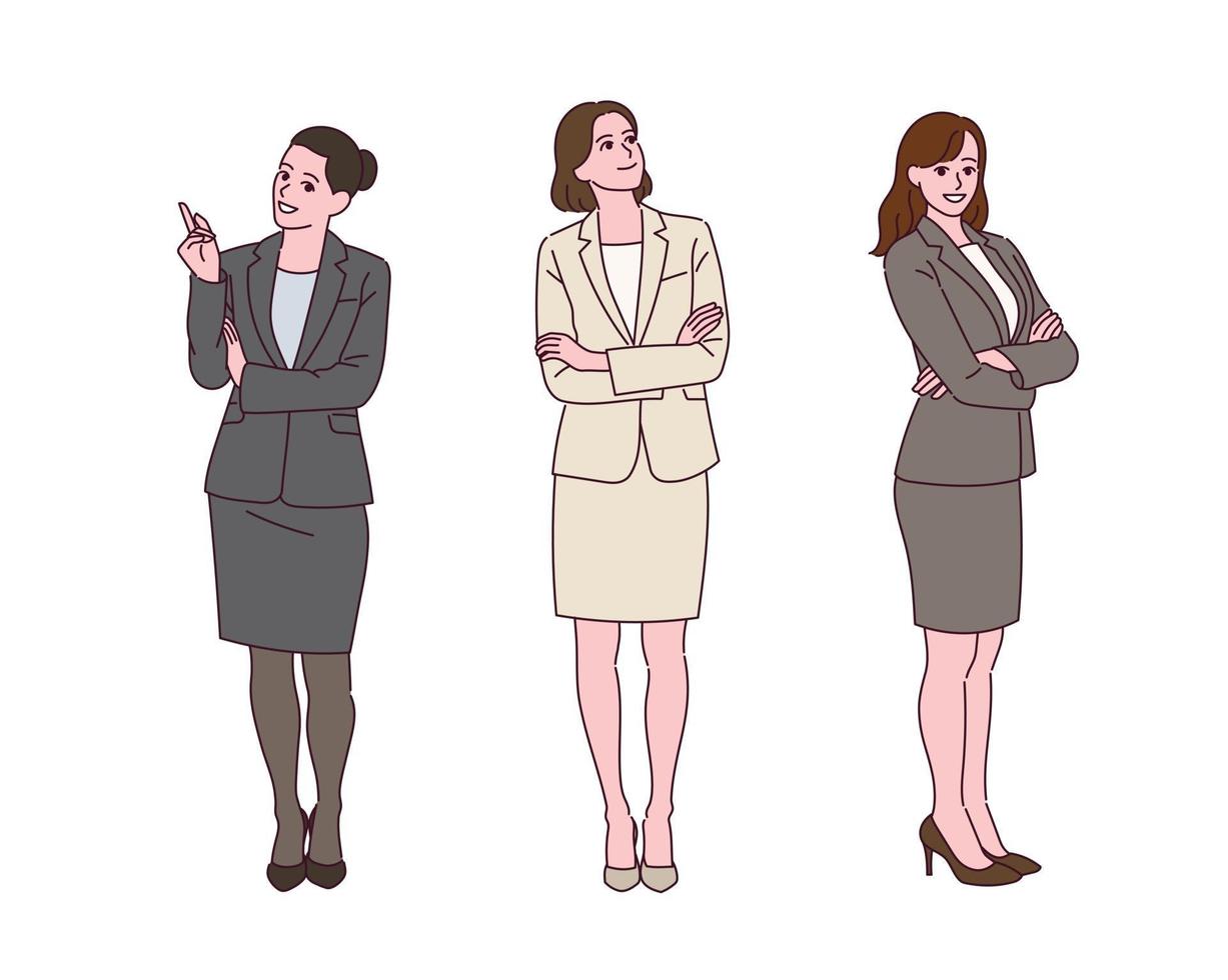 A business woman in a suit is standing with a confident expression. vector