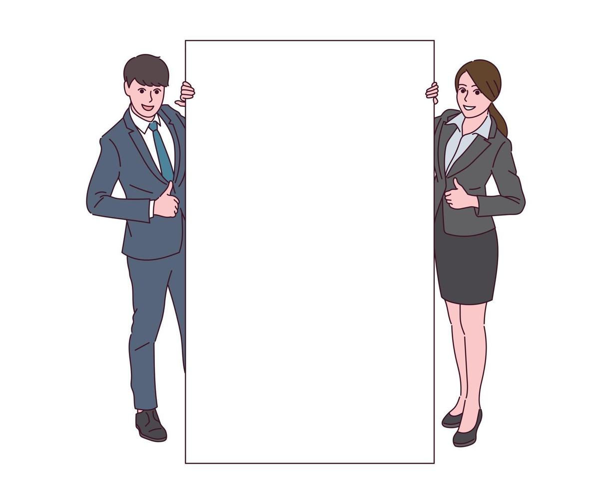 A male and female model in suits are standing holding a white piece of paper. vector