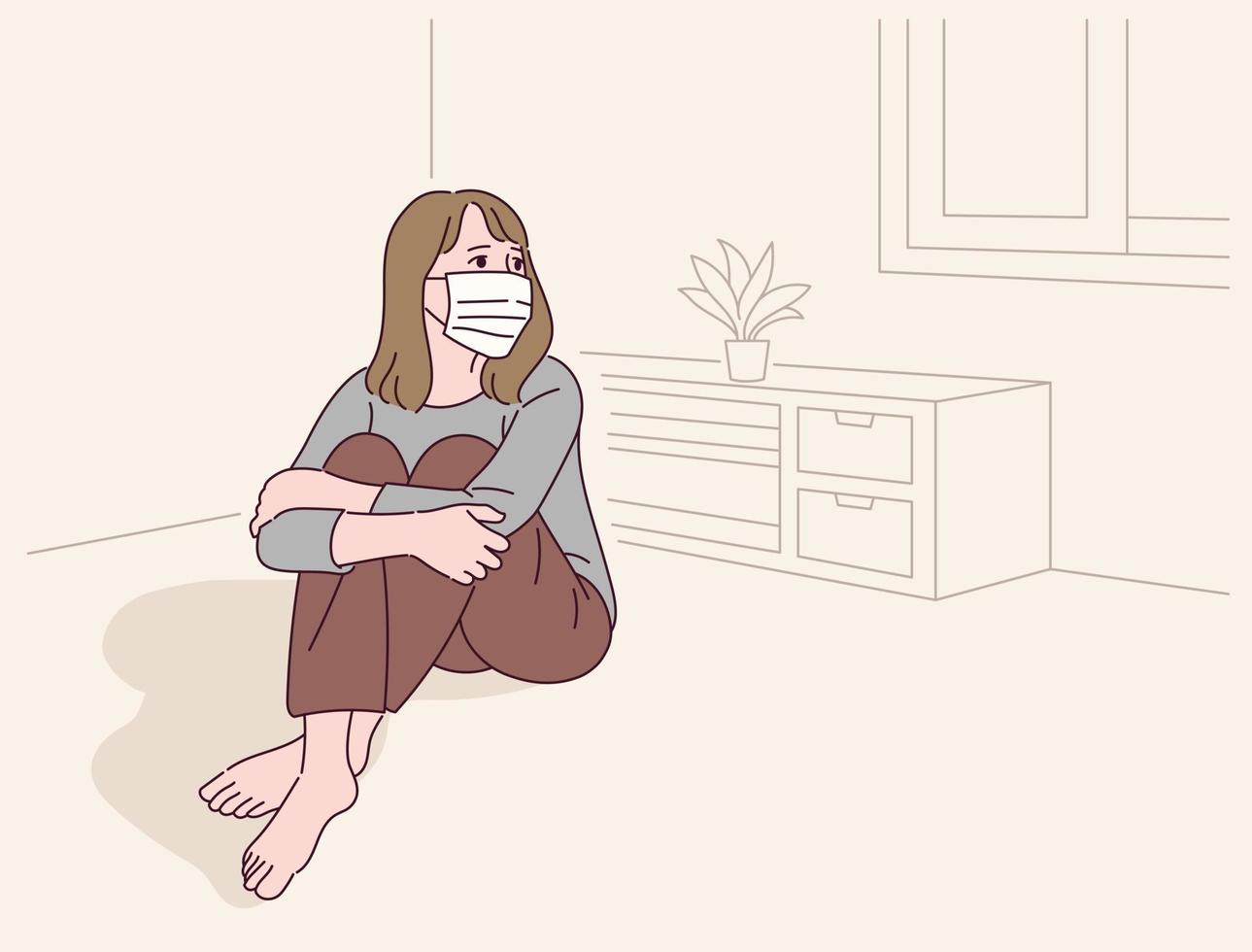 A woman is sitting alone in a room wearing a mask. vector