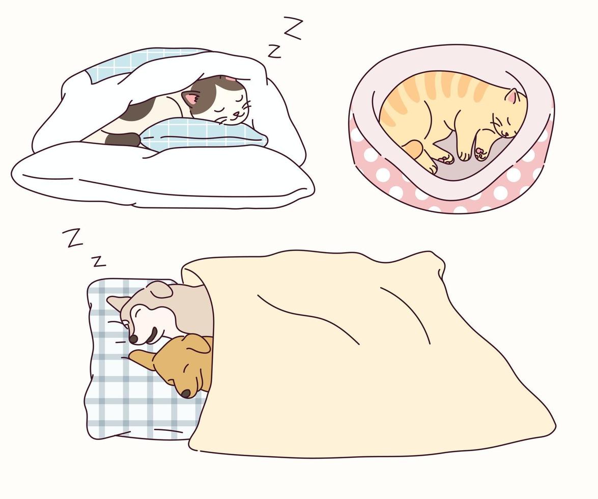 Dogs and cats sleep in cute poses. vector