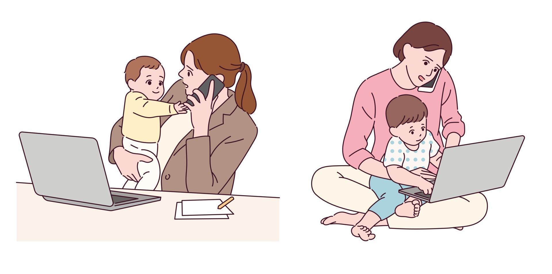The mother is working from home while raising children. vector