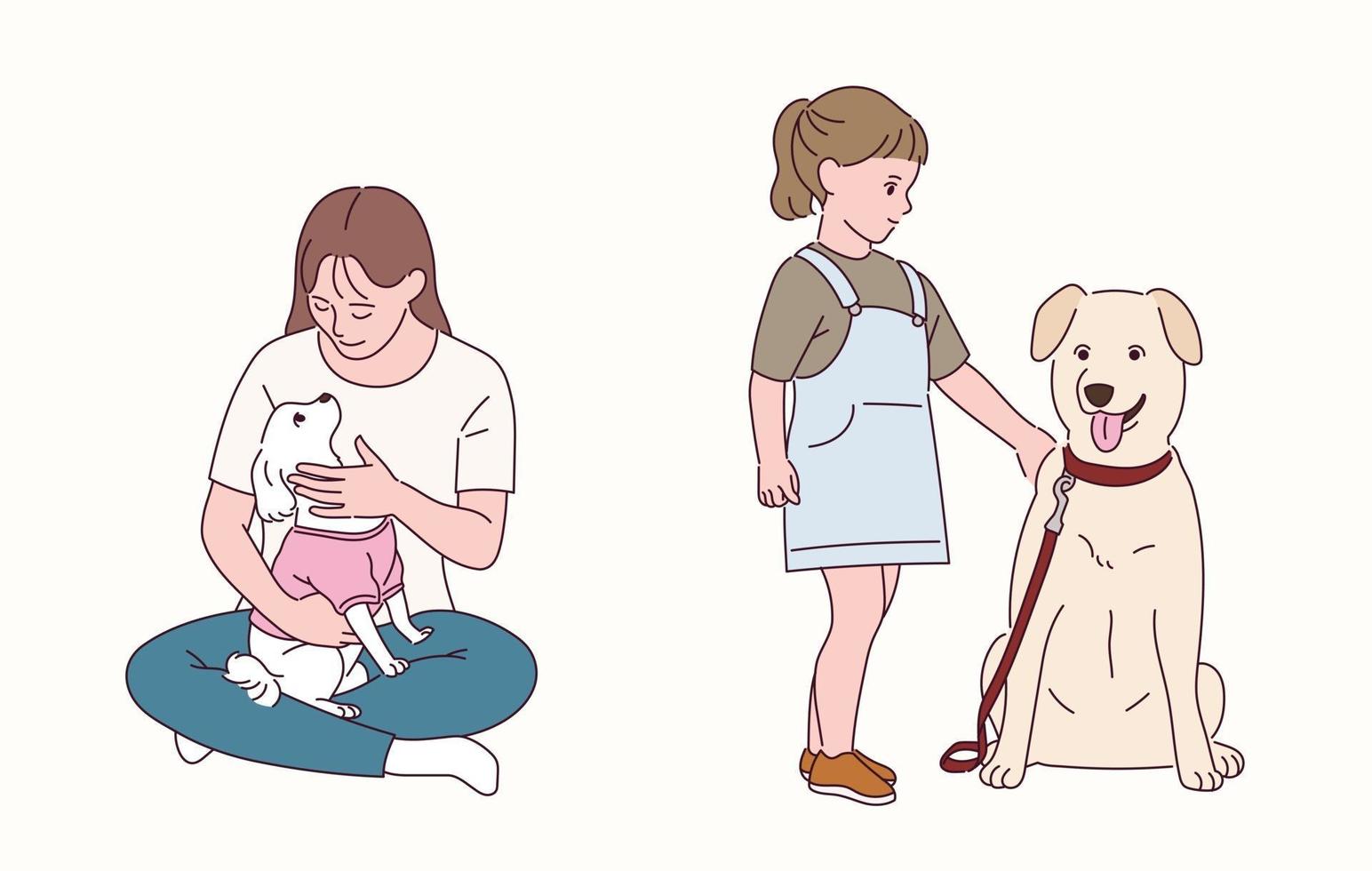 una mujer tiene un cachorro en su pierna. una niña está de pie junto a un perro grande. vector