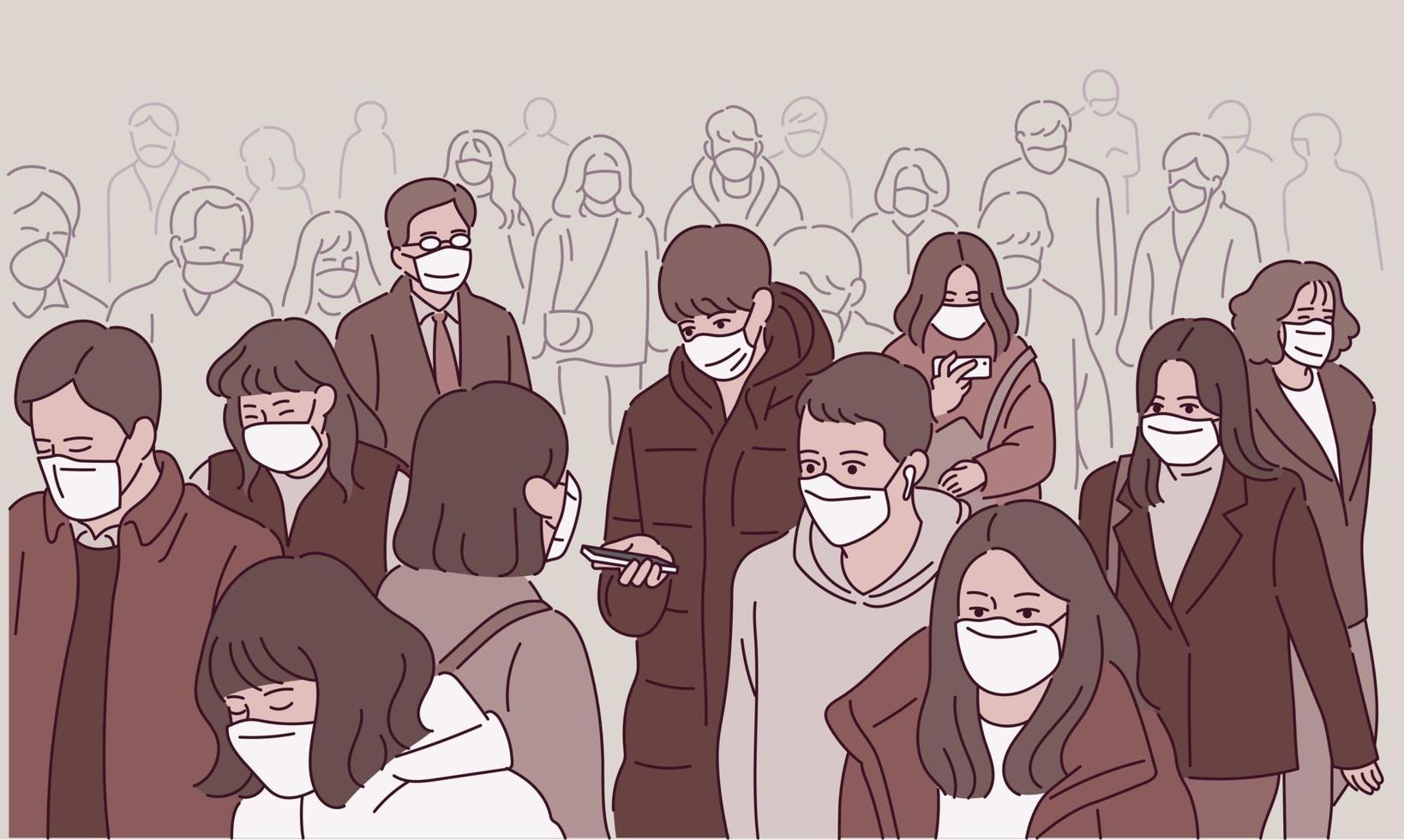 Many crowds on the street are walking down the street wearing masks. vector