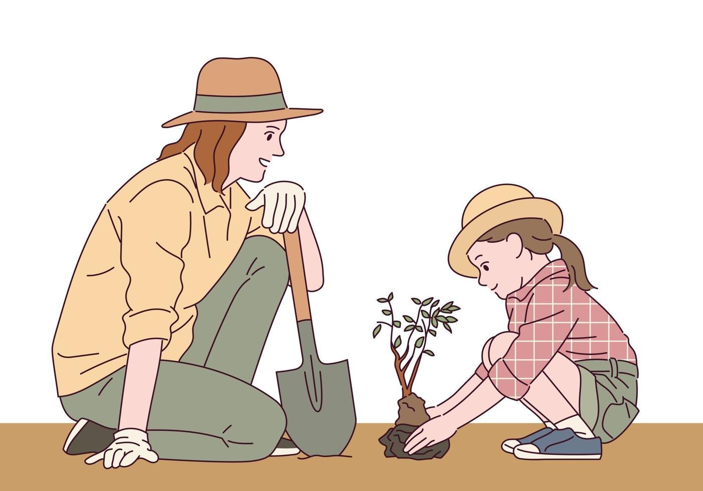 una madre y su hija están plantando un árbol juntas. vector