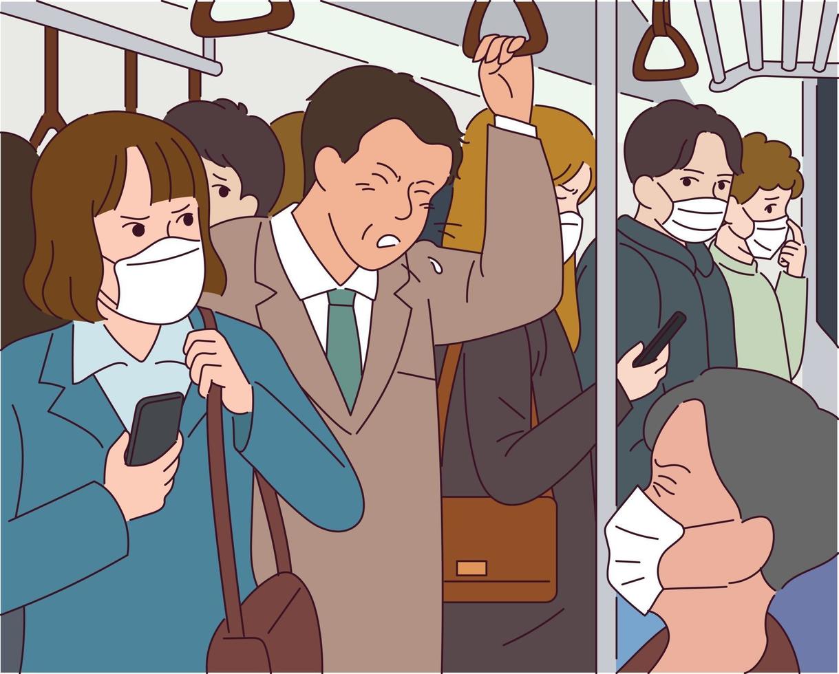 A man coughs in the subway, all of the passengers wearing masks. vector