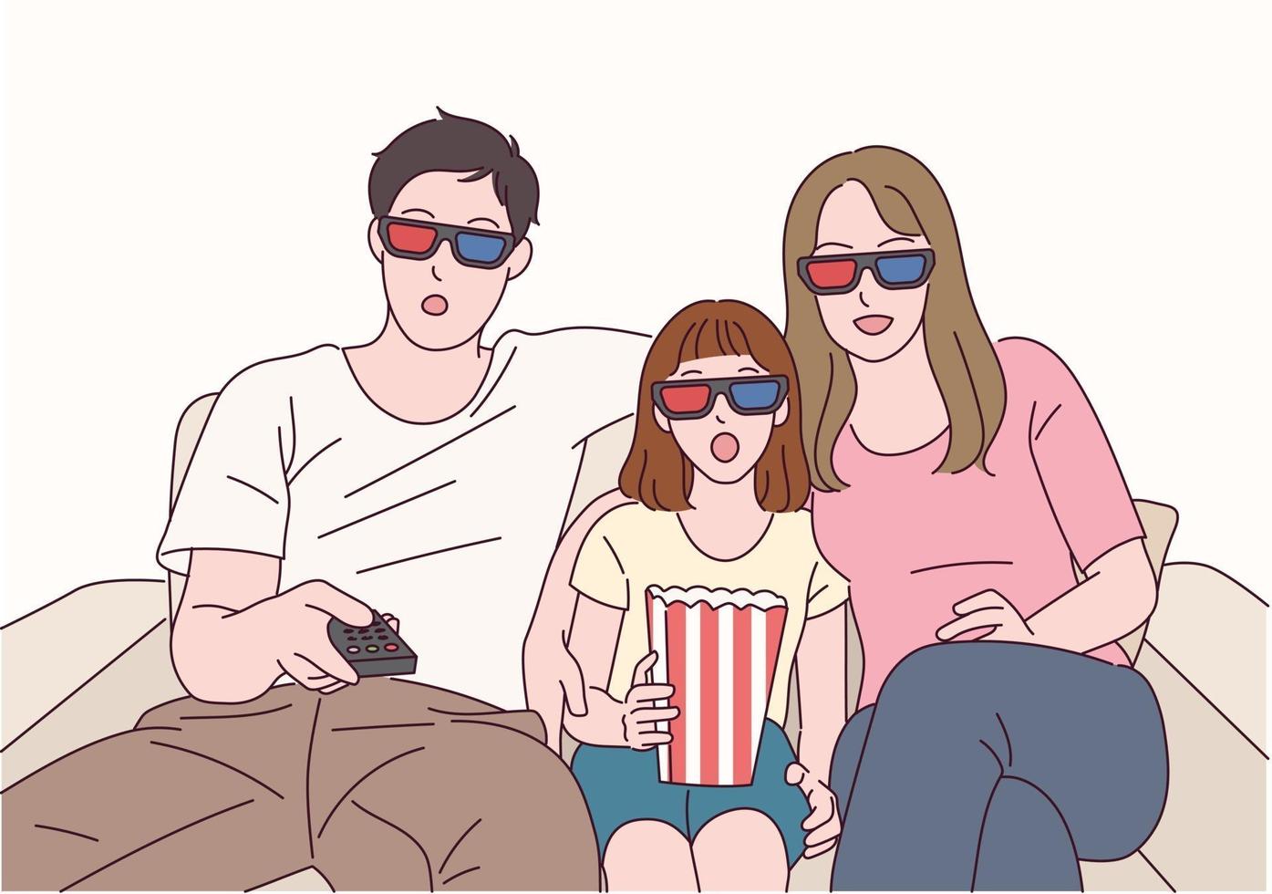 famliy están viendo una película juntos con gafas 3d. vector