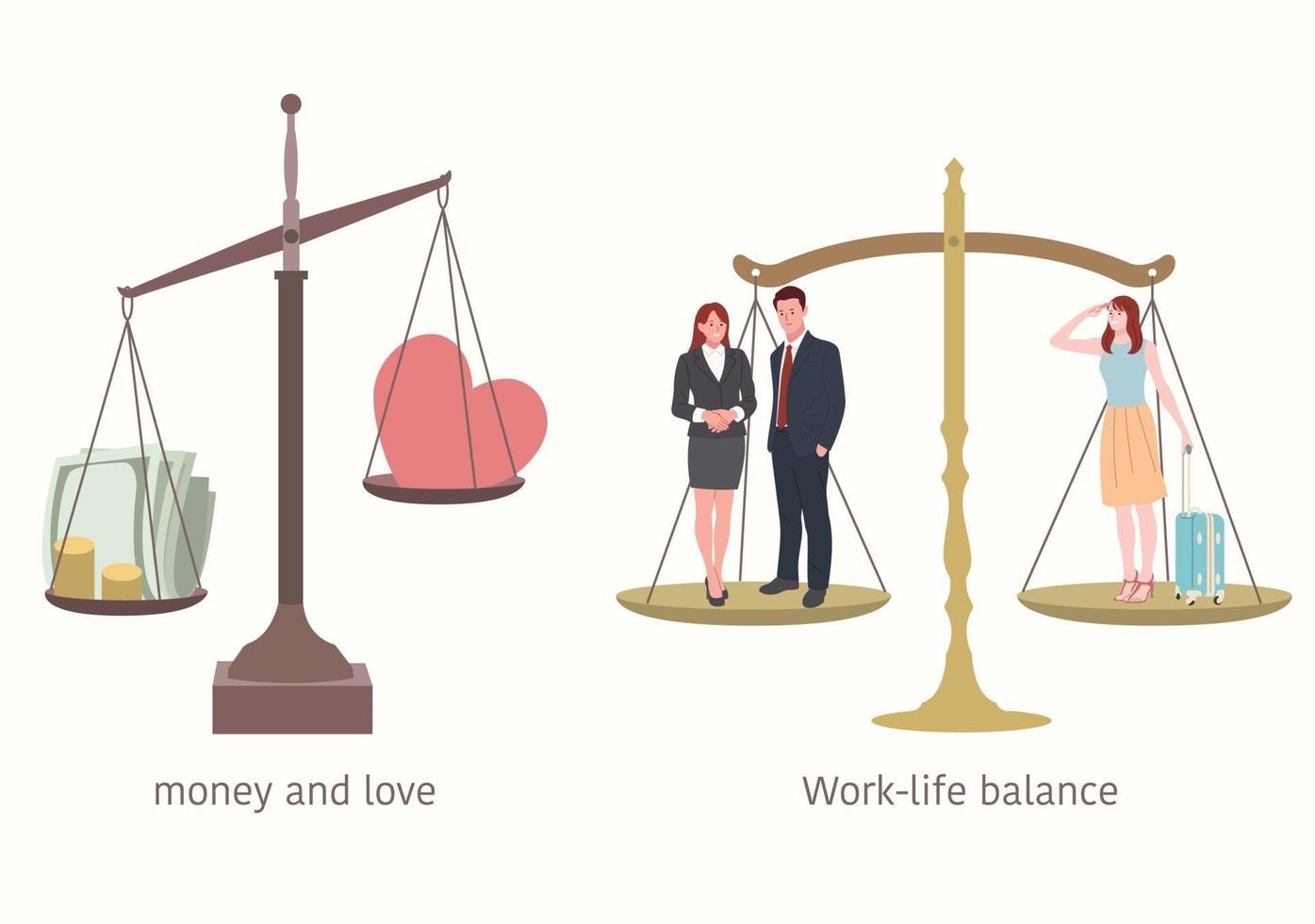 Work and life balance. The weight of money and love. vector