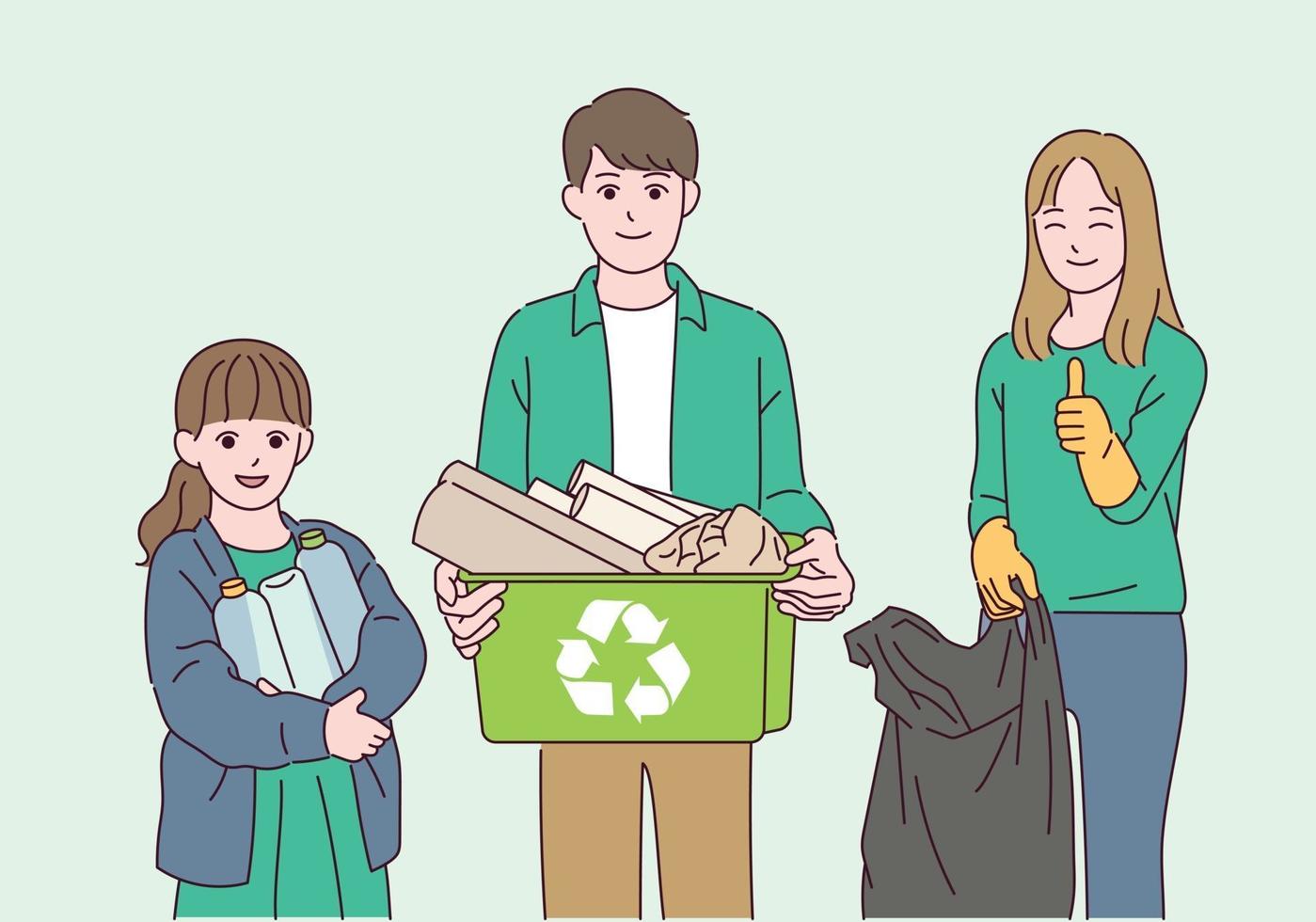 People who pick up trash to protect the environment. vector