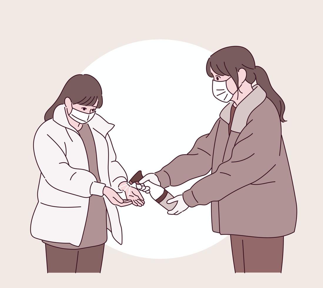 A woman is handing out disinfectant to another. vector