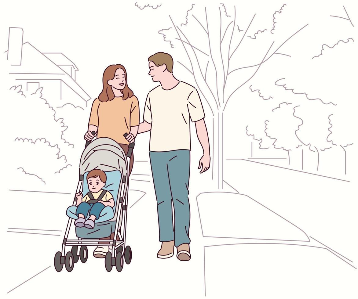 mamá y papá están caminando por la calle empujando un cochecito. vector