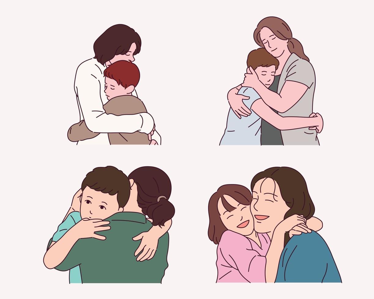 Families who warmly hug each other. vector