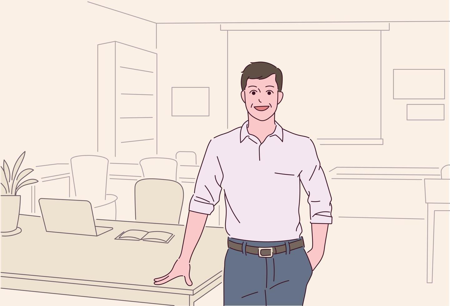 A man is standing in an office with a confident expression. vector