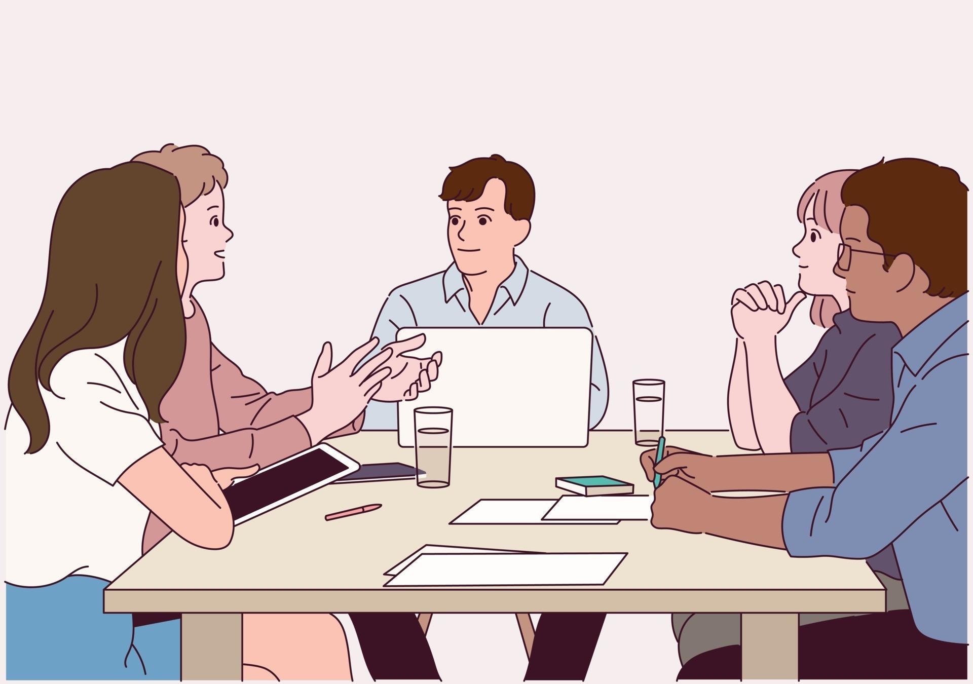 People sit around the table and exchange opinions one after another