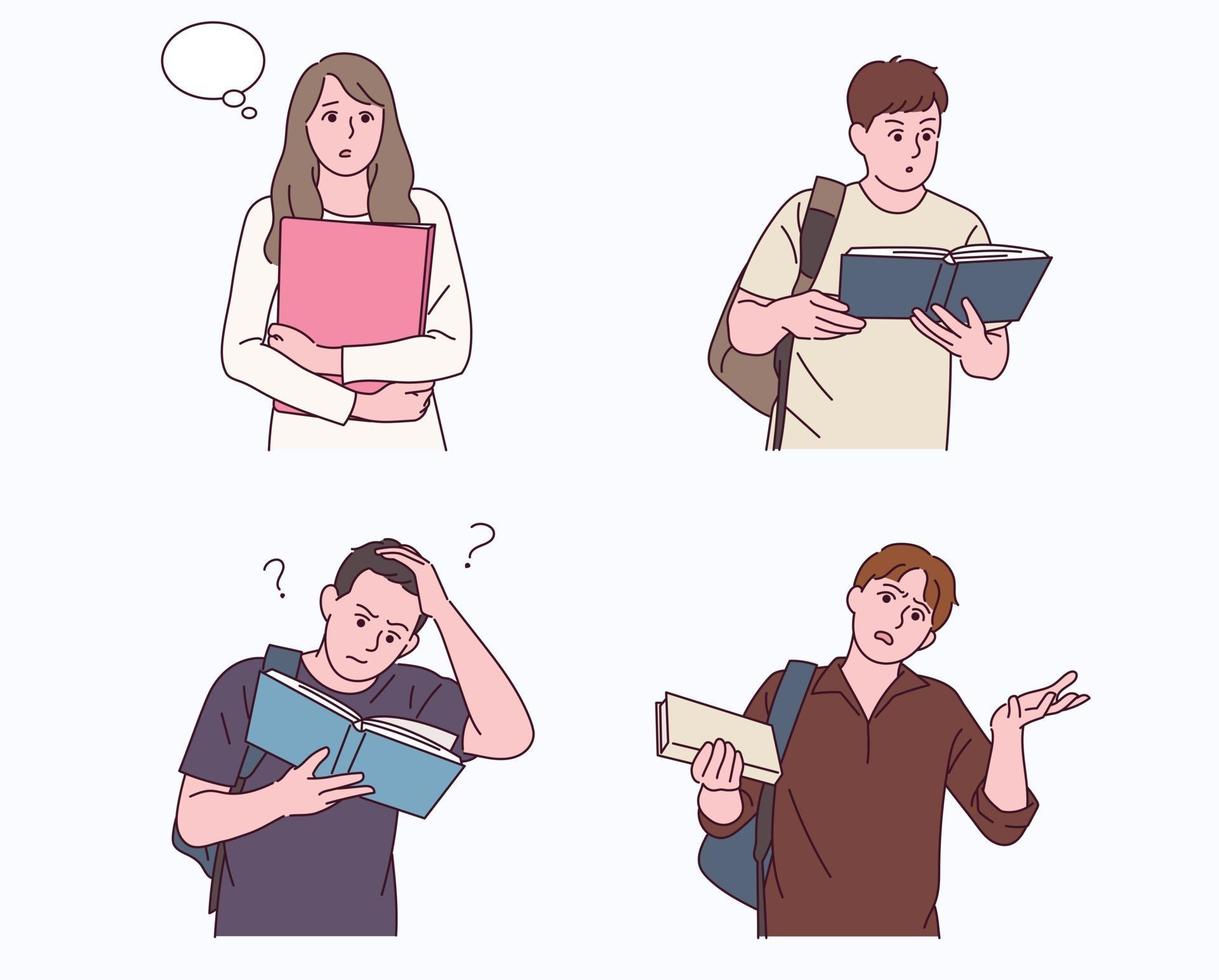 Student character holding a note and making various gestures. vector