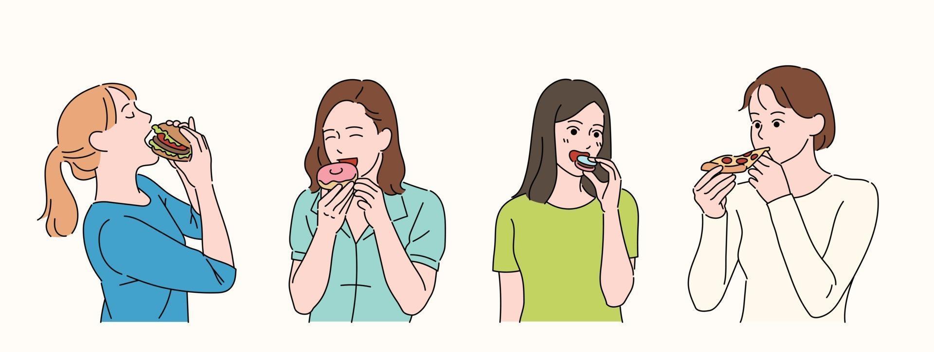 las mujeres comen deliciosamente. vector