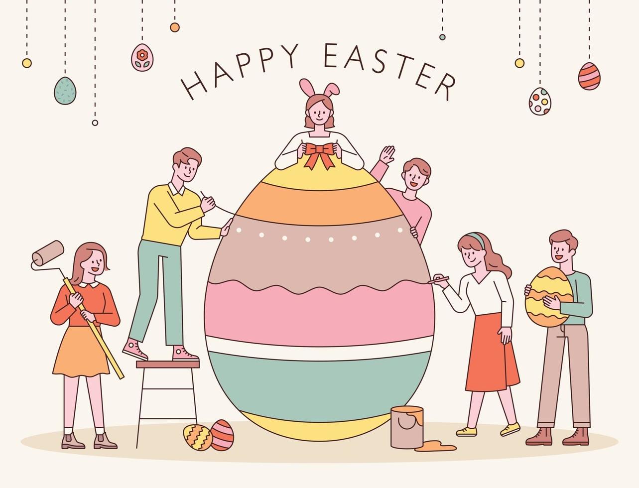 Easter characters. People are decorating Easter eggs together. flat design style minimal vector illustration.