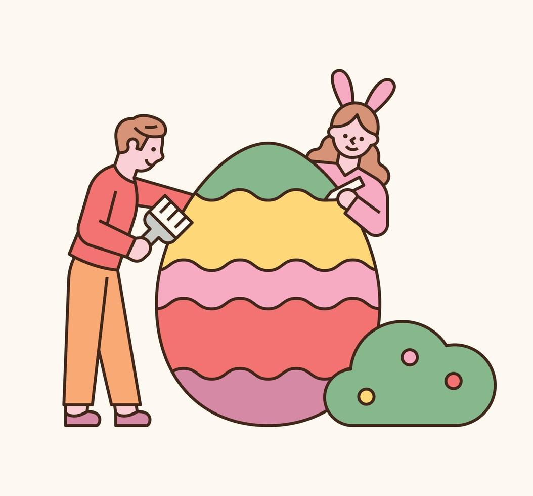 Easter characters. The boy and the girl are coloring Easter eggs. flat design style minimal vector illustration.