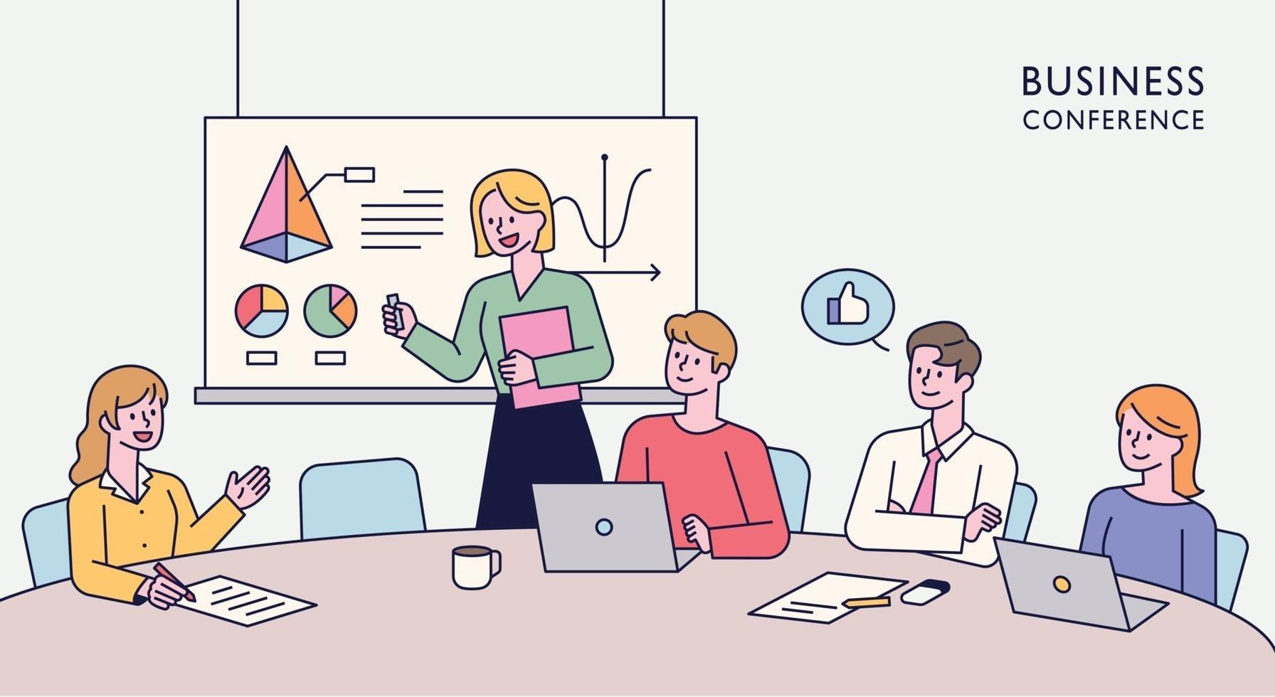 Team members are sitting together at a table and having an idea meeting. One person is standing up and giving a presentation. flat design style minimal vector illustration.