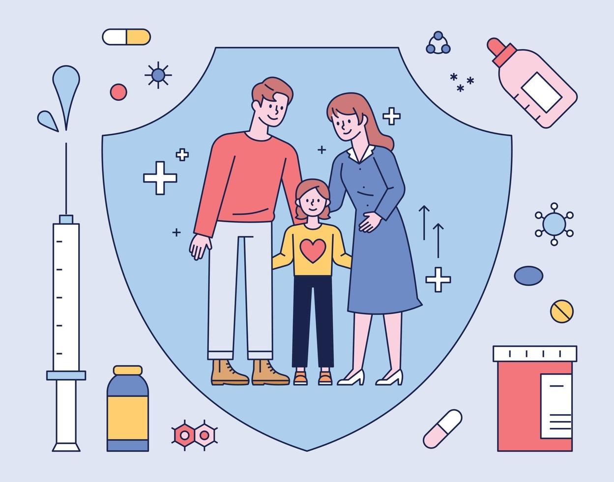 las vacunas y los medicamentos protegen a la familia. Ilustración de vector mínimo de estilo de diseño plano.