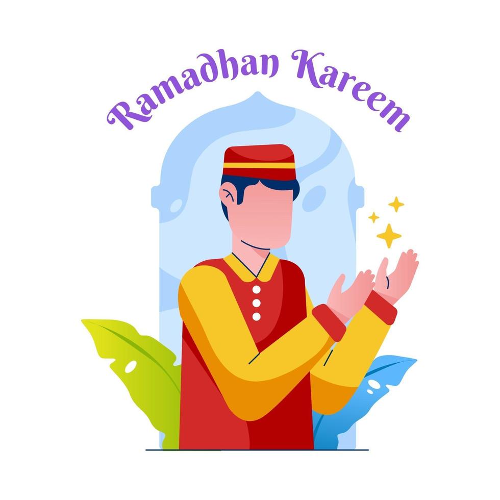 hombre musulmán rezando por ramadan kareem ilustración vector