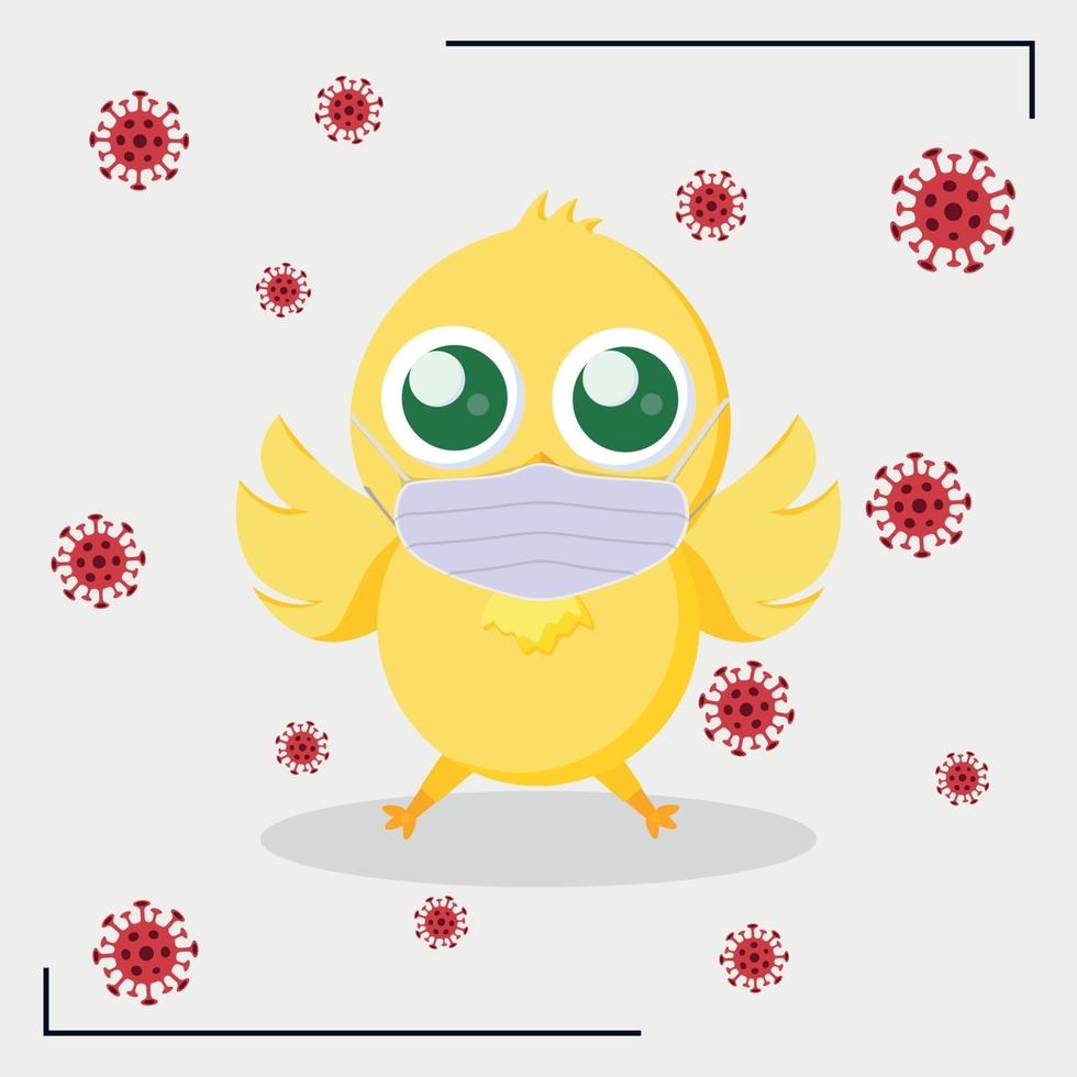 pollo de pascua amarillo con una máscara médica rodeado por el virus covid-19  2176221 Vector en Vecteezy