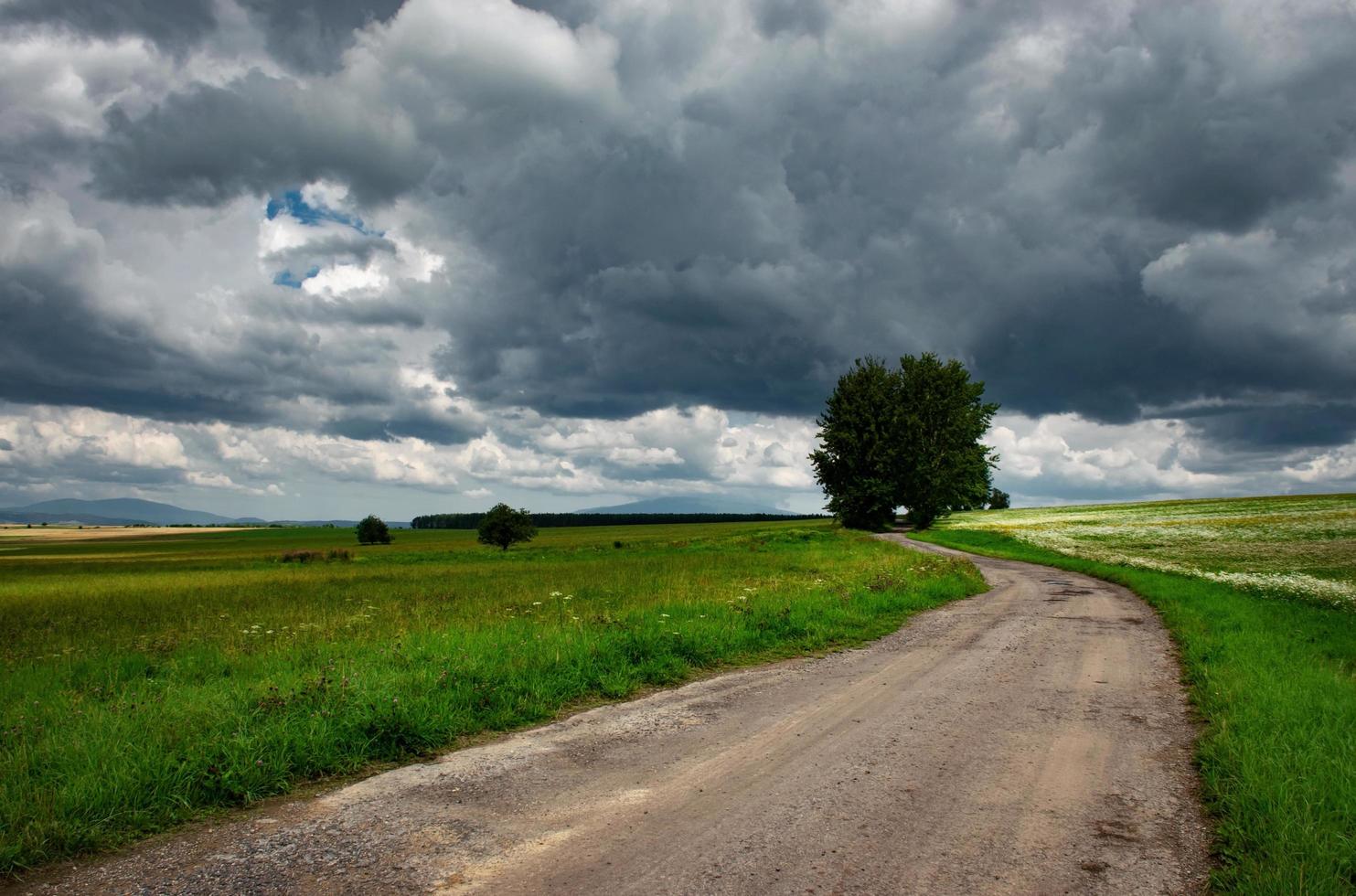 paisaje con nubes grises pesadas y pradera foto