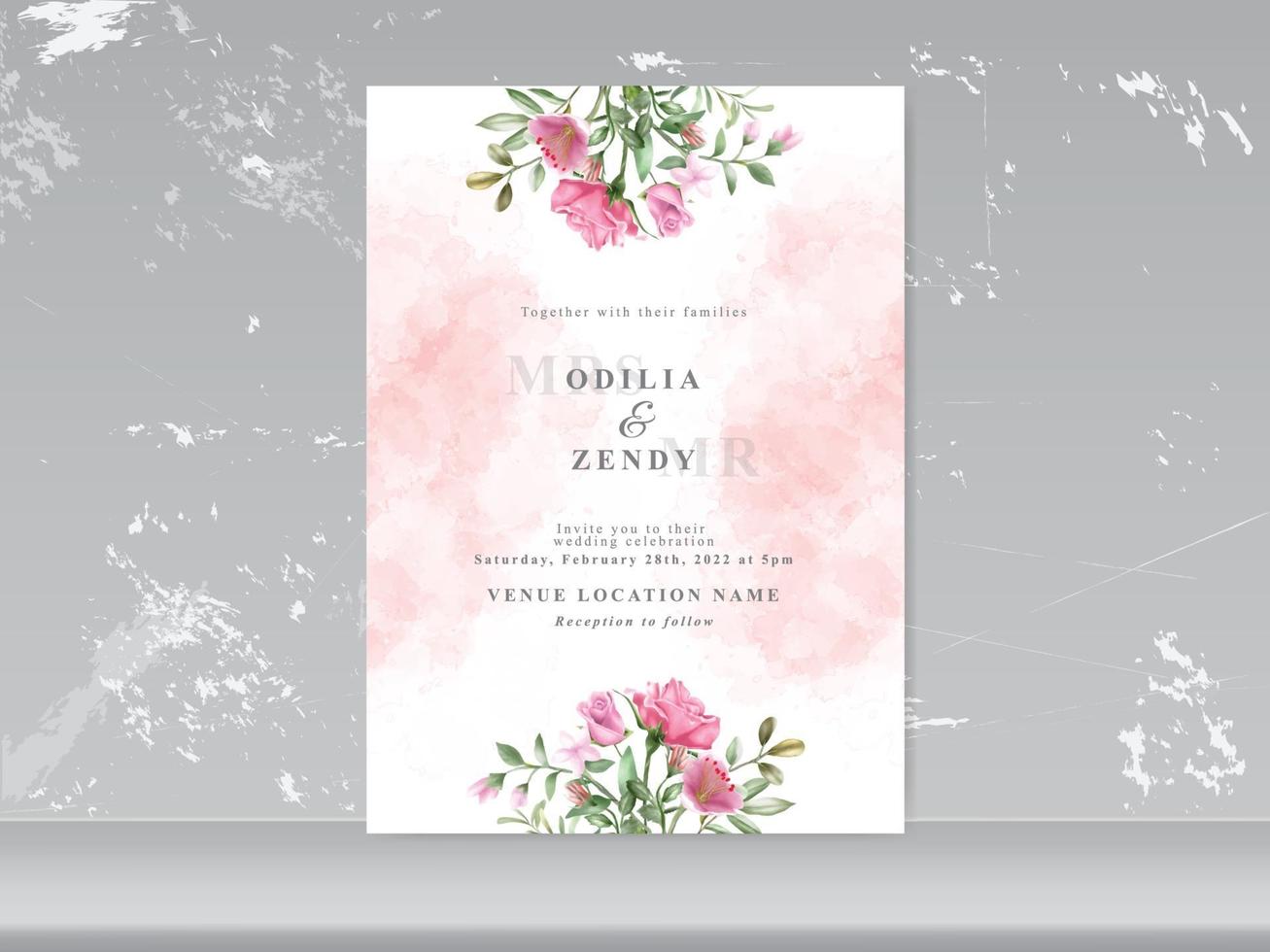 Plantilla de tarjeta de invitación de boda con hermosa mano floral dibujada vector