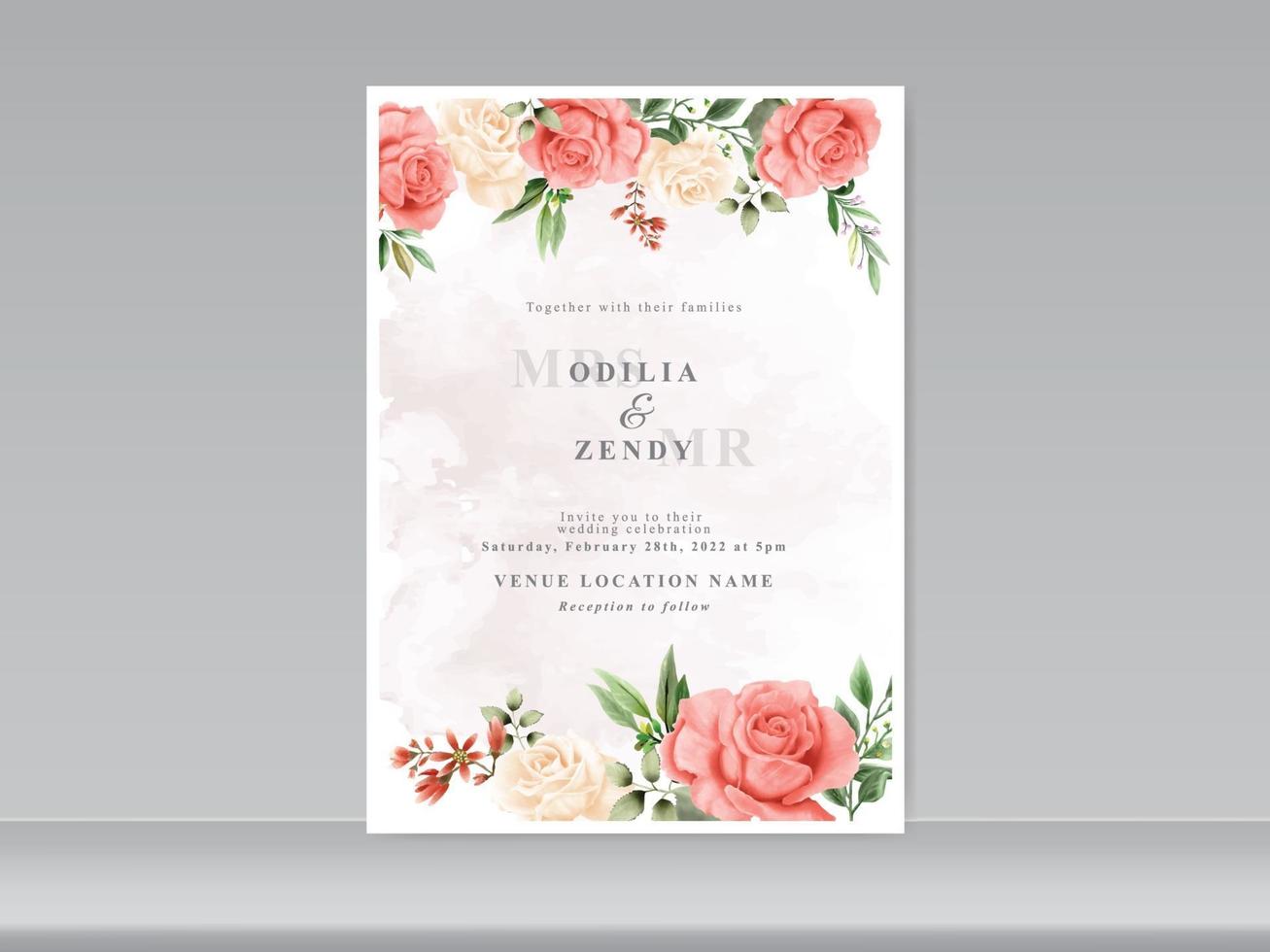 Plantilla de tarjeta de invitación de boda con hermosa mano floral dibujada vector