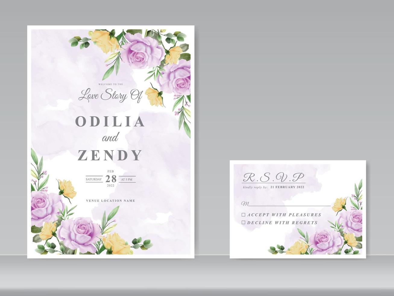 wedding invitation card template with beautiful floral hand drawn vector