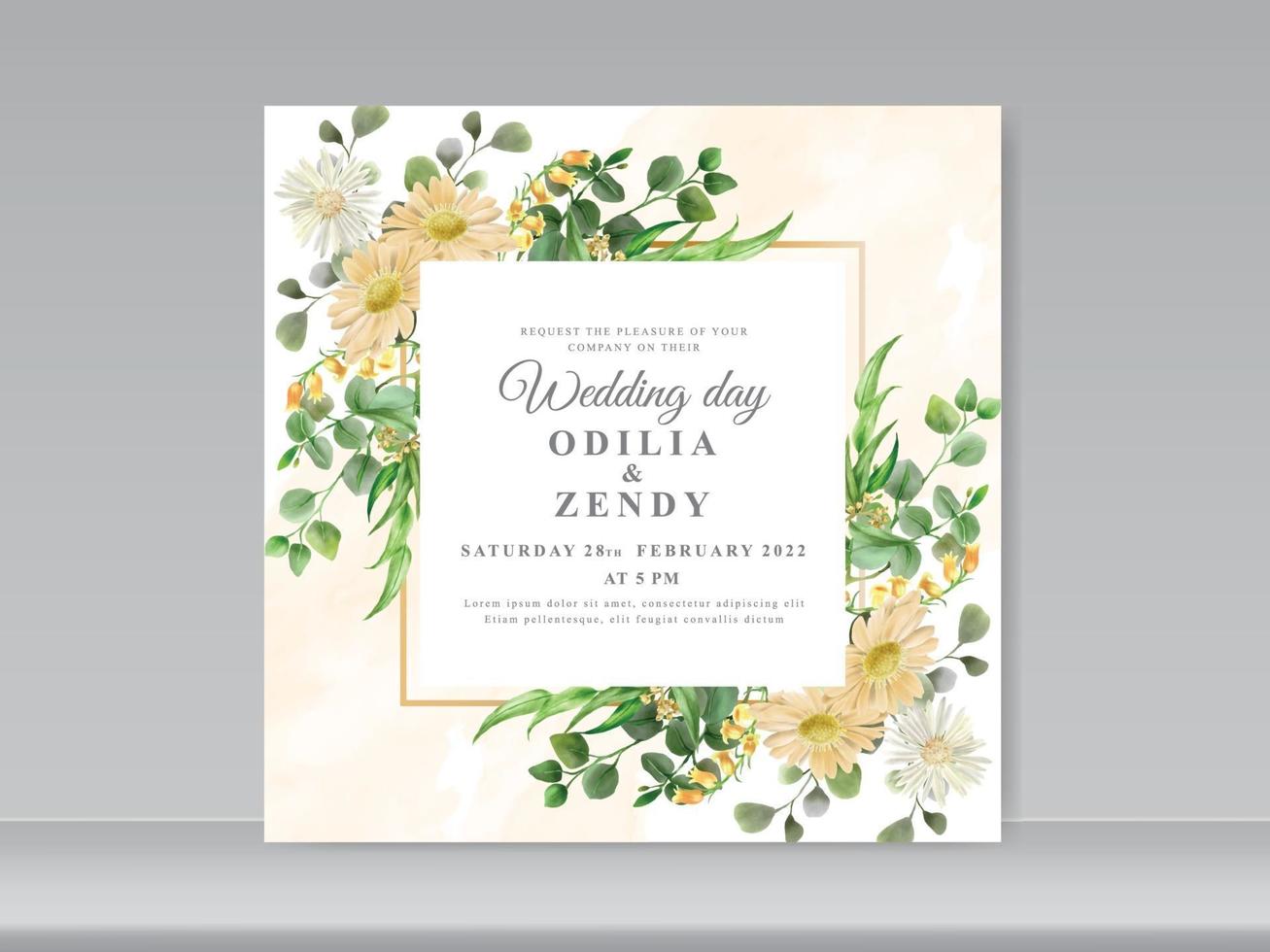 Plantilla de tarjeta de invitación de boda con hermosa mano floral dibujada vector