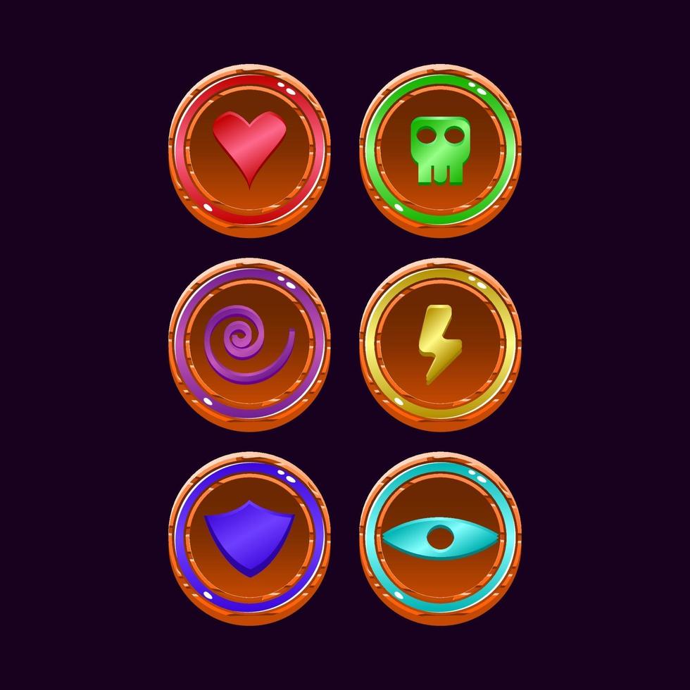 set of fantasy game ui wooden jelly magic power up icon for gui asset elements vector illustration