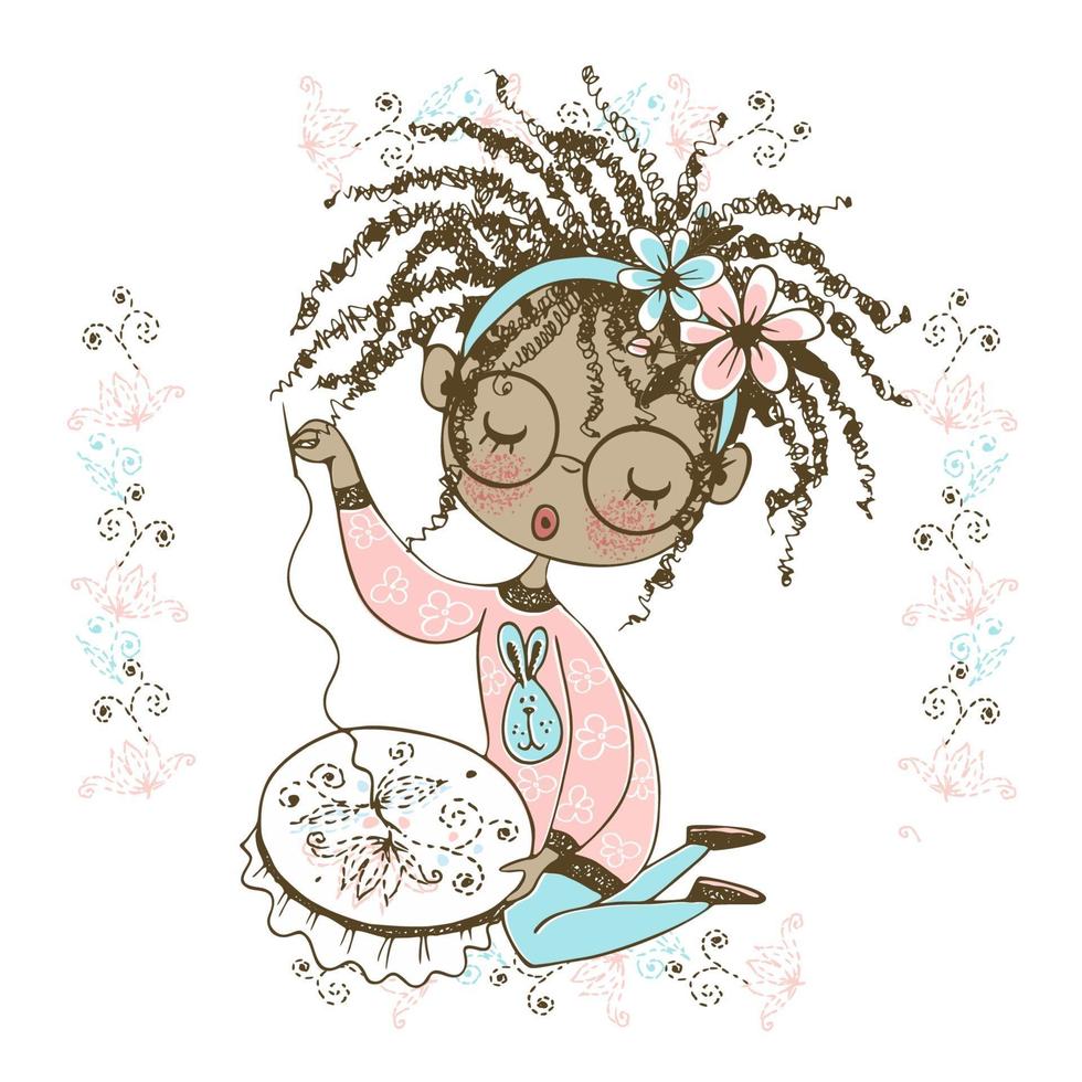 A pretty black girl is engaged in needlework and embroiders a beautiful pattern on the hoop. Vector. vector
