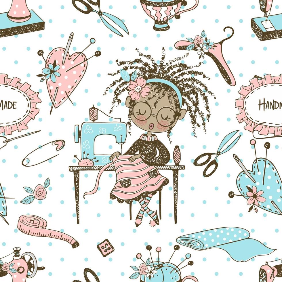 Seamless pattern with cute little black-skinned dressmaker and sewing accessories. Vector